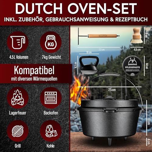 GUSSKÖNIG Dutch Oven Set – Eingebrannter Dutch Oven 4,5L - Feuertopf Gusseisen mit Füße – Schmortopf Doppelfunktion – 2in1 Deckelheber, Schrubber, Pflegepaste, Bürste & Rezeptbuch - 30 Jahre Garantie