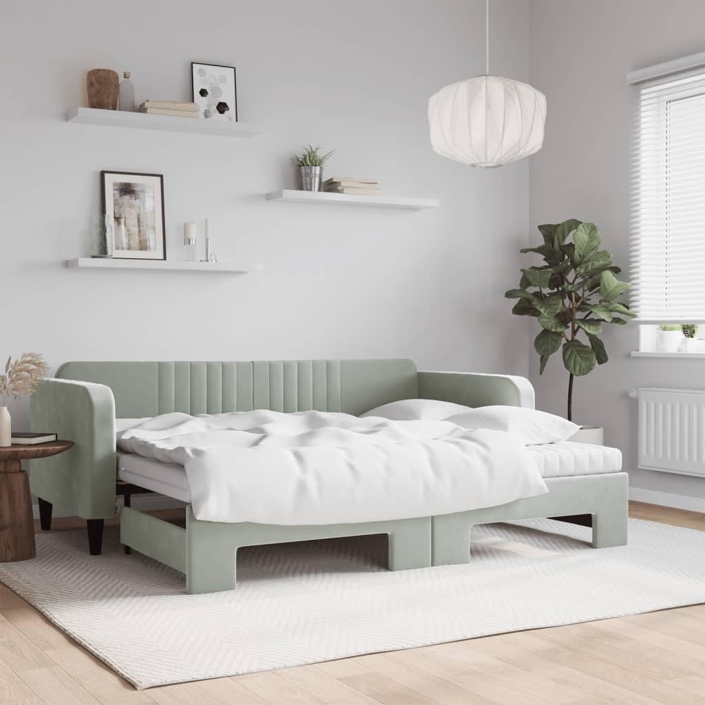 Łóżko dzienne wysuwane z materacem, jasnoszare, 90 x 200 cm, aksamitne obicie, metalowa i drewniana rama, sofa do spania do pokoju gościnnego, nowoczesne wzornictwo