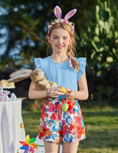 Image of Arshiner Girls 2 Piece Outfits Summer Clothes Ruffle Short Sleeve Shirts Top and High Waist Paper Bag Shorts Set with Pockets