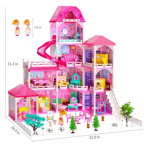 TEMI Villa Toys for 3 4 5 6 7 8 Years Old Girls - 4 Storeys 10 Rooms, Indoor Playset with 2 Dolls Toy Figures, Toys Furniture and Accessories, Pretend Girls Plays, Building Toys, Gifts Toy