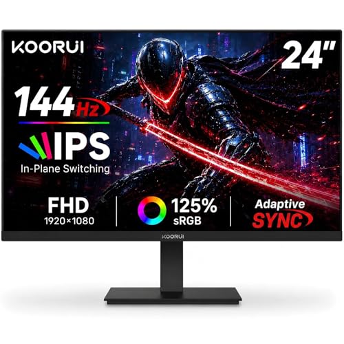 KOORUI 24 Inch Gaming Monitor 144Hz Full HD 1920 x 1080p IPS Ultra-Slim Display with HDMI VGA, Adaptive Sync, 99% SRGB, VESA 100x100mm, Eye Care, Tilt, HDMI 2.0, Black, E2411K
