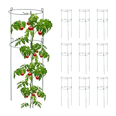 Relaxdays Rankhilfe 10er Set, Metall, runde Pflanzenstütze Tomaten & Gurken, HxD: 76x26 cm, 2 Ringe, Gurkenturm, grün Cover