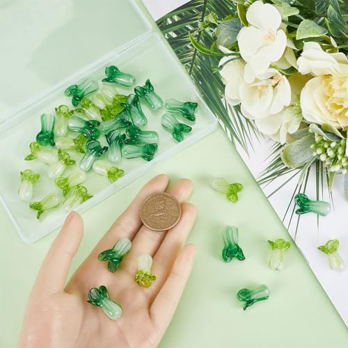 SUNNYCLUE 1 Box 40Pcs Lampwork Glass Beads Fengshui Beads Chinese Cabbage Green Vegetable Handmade Lampwork Beads Bulk Fortune Wealth New Year Good Luck Loose Spacer Beads for Jewellery Making Kits - Image 3