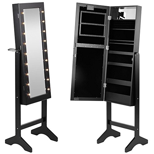 Beautify Mirrored Jewelry Makeup Armoire with LED Lights Floor Standing Organizer Cabinet with Internal and External Mirror Black