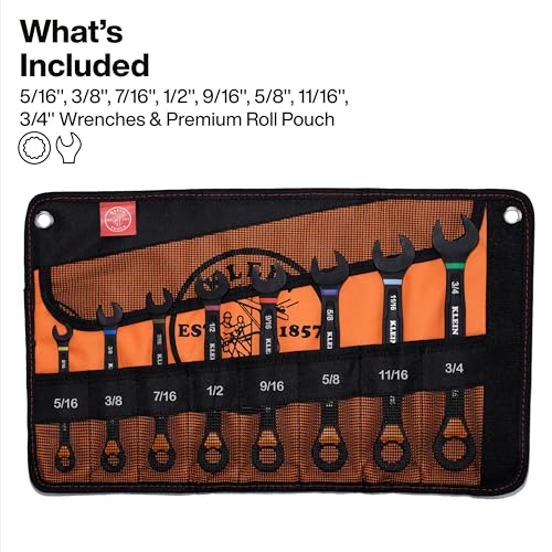 Image of KLEIN TOOLS 69508 SAE Ratcheting Combination Wrench Set, 8-Piece, Slide-Lock 90-Tooth Ratchet, I-Beam Handle, Color-Coded Size Markings, Roll Pouch Storage