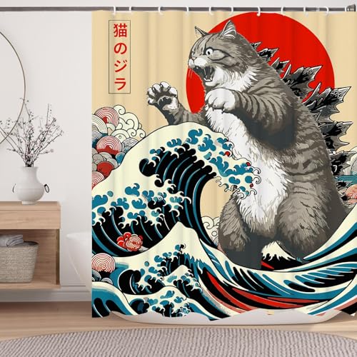 Image of Funny Japanese Cat Shower Curtain,Vintage Cat Art Japan Sunset Waterproof Shower Curtain with Hooks, Fabric Shower Curtains for Bathroom Decor 36X72inches