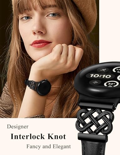 Image of TOYOUTHS Slim Leather Band Compatible with Google Pixel Watch 4 3 41mm /Pixel Watch 2 1 Band Women, Celtic Metal Dressy Thin Fashion Designer Premium Leather Strap for Google 4 3 2 1 Smartwatch