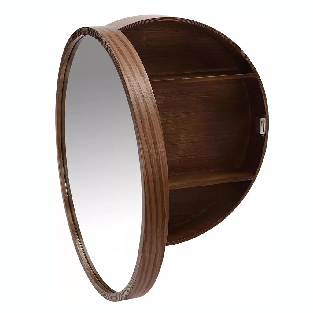 BKSXSOP Illuminated Round Bathroom Mirror Cabinet - Wall Mounted, 70cm (27.5in) Diameter, Stylish Brown Finish, Perfect for Modern Bathrooms, Space-Saving Storage Solution