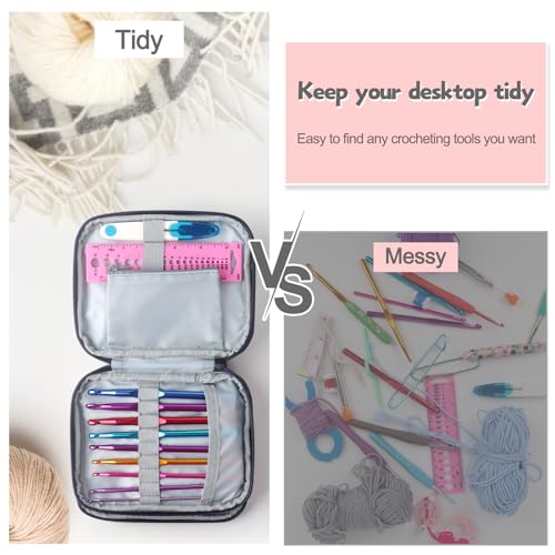 Image of Katech Portable Travel Crochet Storage Bag Organizer with Zipper, Web Pocket and Crochet Holder Slots for Knitting Accessories (Elephant Pattern)