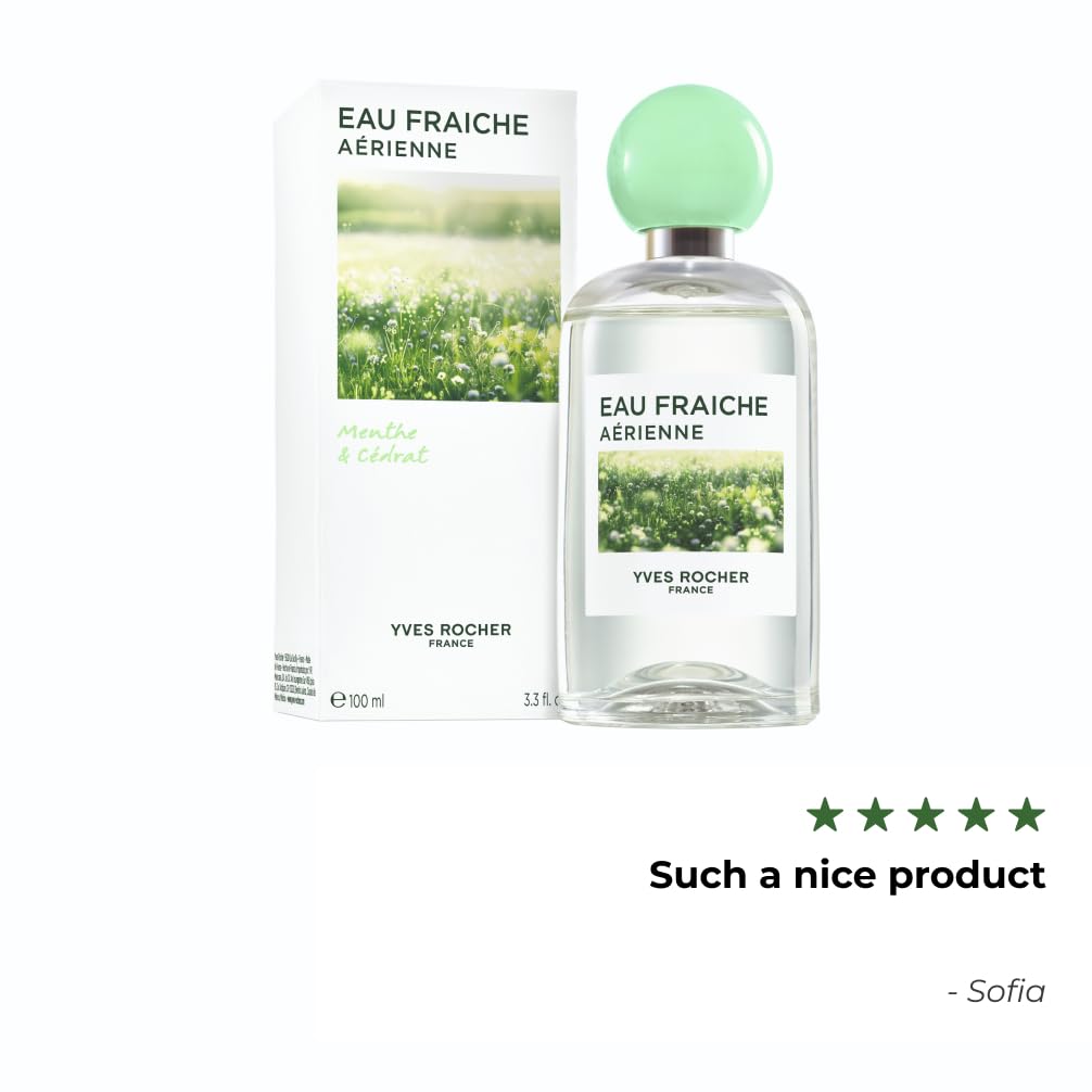 Yves Rocher Eau Fraîche Aérienne - Menthe & Zedrat - Eau de Toilette - Fresco e verde - Profumo verde agrumato - Vegano - 98% ingredienti di origine naturale - 100 ml | Eau de Toilette per Donna fragranza agrumata verde con menta e cedro - Vegano e legger