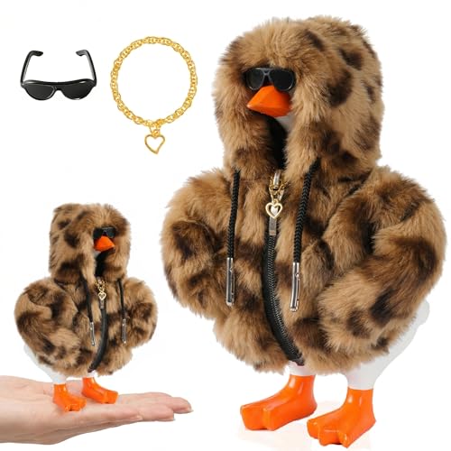 7inch Desk Goose Outfits Mini Desktop Goose Clothes with Sunglasses & Necklaces Brown Leopard Plush Hoodie Set Accessories for Magnetic Goose Statue (Brown Leopard)