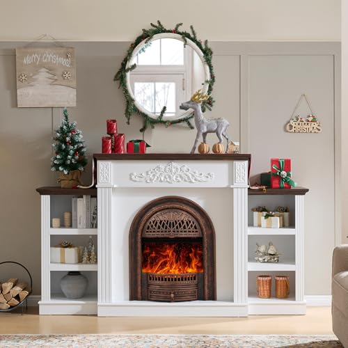 Image of 78 inch Electric Fireplace with Mantel, Fireplace Heater Entertainment Center with Storage,TV Stand with 30'' Fireplace for TVs Up to 90 Inch,Fireplace Insert for Living Room, Bedroom-Bronze Heater