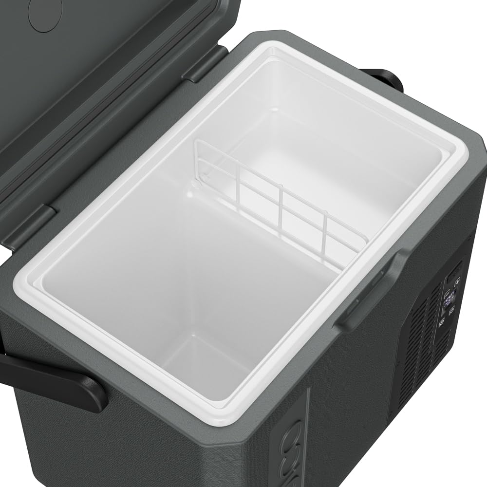 Yolco ET18 Carbon kompresorowa lodówka turystyczna 18 l z akumulatorem SC4B – przenośna lodówka i zamrażarka do -20°C, 12/24 V DC i 230 V, USB, do samochodu, ciężarówki, łodzi, na kemping, szara