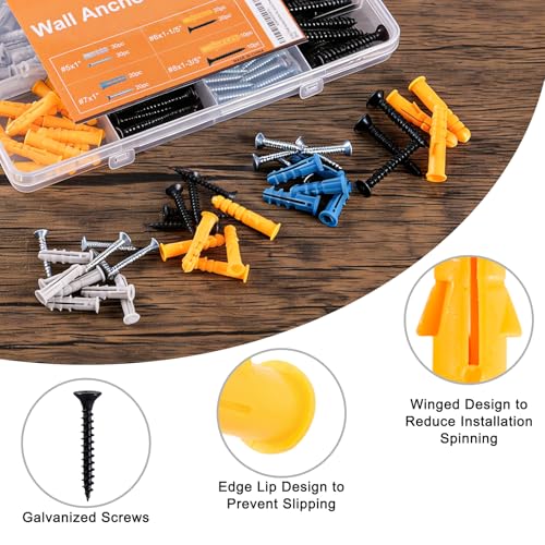 Image of KURUI Drywall Anchors with Screws Kit, 160PCS Plastic Wall Anchors and Galvanized Phillips Head Screws, 4 Sizes for Drywall, Hanging Shelves, Wall Decor, Artwork and Frames, Home Improvement Hardware