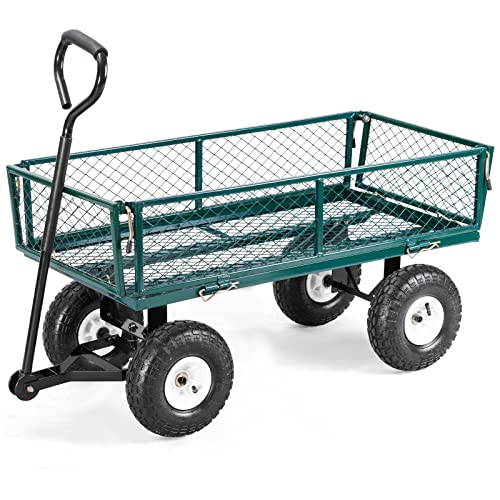 Goplus Steel Garden Cart, Outdoor Utility Wagon With Removable Sides, Heavy Duty 440Lbs Capacity, 10” All Terrain Wheels, Flexible Handle, Foldable Lawn Cart Garden Wagon #TOP19