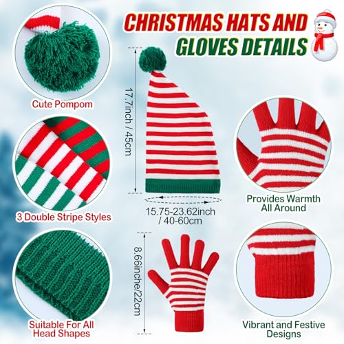Geyoga 18 Pcs Christmas Winter Knitted Hat Scarf Gloves Set, Santa Hats for Adults Xmas Beanie with Pom Bulk Long Knit Scarf Gloves for Women Men2