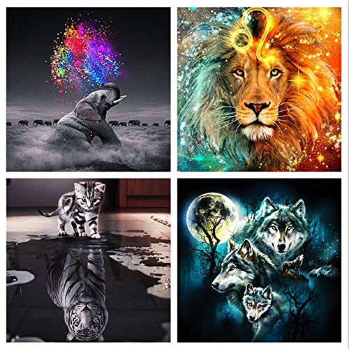 POENOEN Animales 4 Packs 5D Diamond Painting Kit para Adultos, DIY Completo Cristal Pintura de Diamante para Niños, Redondo Taladro Cuadro de Diamantes para Hogar Decoración/Navidad (4-30x30cm) Cover