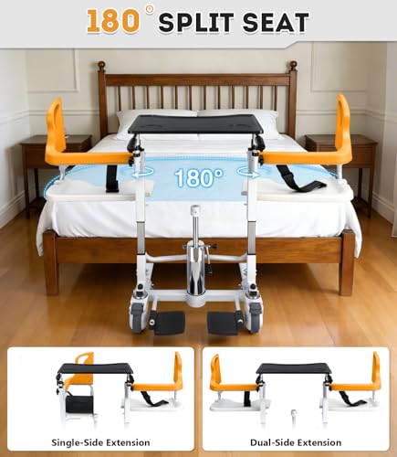 Image of Patient Lift Transfer Chair, 6 in 1 Patient Lift Chair with 180Split Seat for Home, Height Adjustable Portable Lift Nursing Chair with 4 Casters, Commode & Seat Cushion for Seniors Elderly, Orange