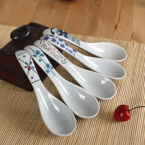 CokBlu陶磁器スプーン 5 点セット 5 つ花柄 手造り和風 おしゃれなレンゲ 陶製キッチン用品 レストラン和食器 飲食店業務用