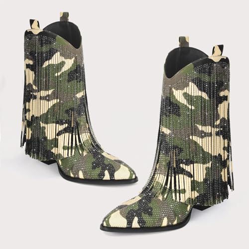 Image of Cowboy Boots for Women - Cowgirl Western Rhinestone Sparkly Fringe Chunky Heel Pointed Toe Mid Calf Boots