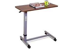 Essential Medical Supply Overbed Table with Automatic Height Adjustment, Woodgrain Finish, and Secure Locking Wheels