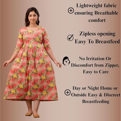 Image of The Moon Star Women's Cotton Floral Printed Anarkali Maternity Feeding Kurti | Breastfeeding Dress for Mothers | Zipper Feeding Kurti, Nursing Kurti, Comfortable and Trendy Maternity Wear