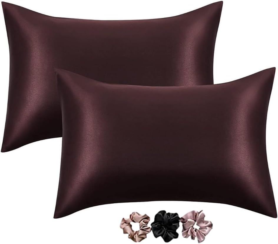 Go well Satin Silk Pillow Covers Pack of 2 for Hair and Skin-with Satin Scrunchies for Women Stylish|Satin Pillow Cover for Hair and Skin|scrunchies for Women 3-Piece|Silk Pillow case(Brown) 600TC