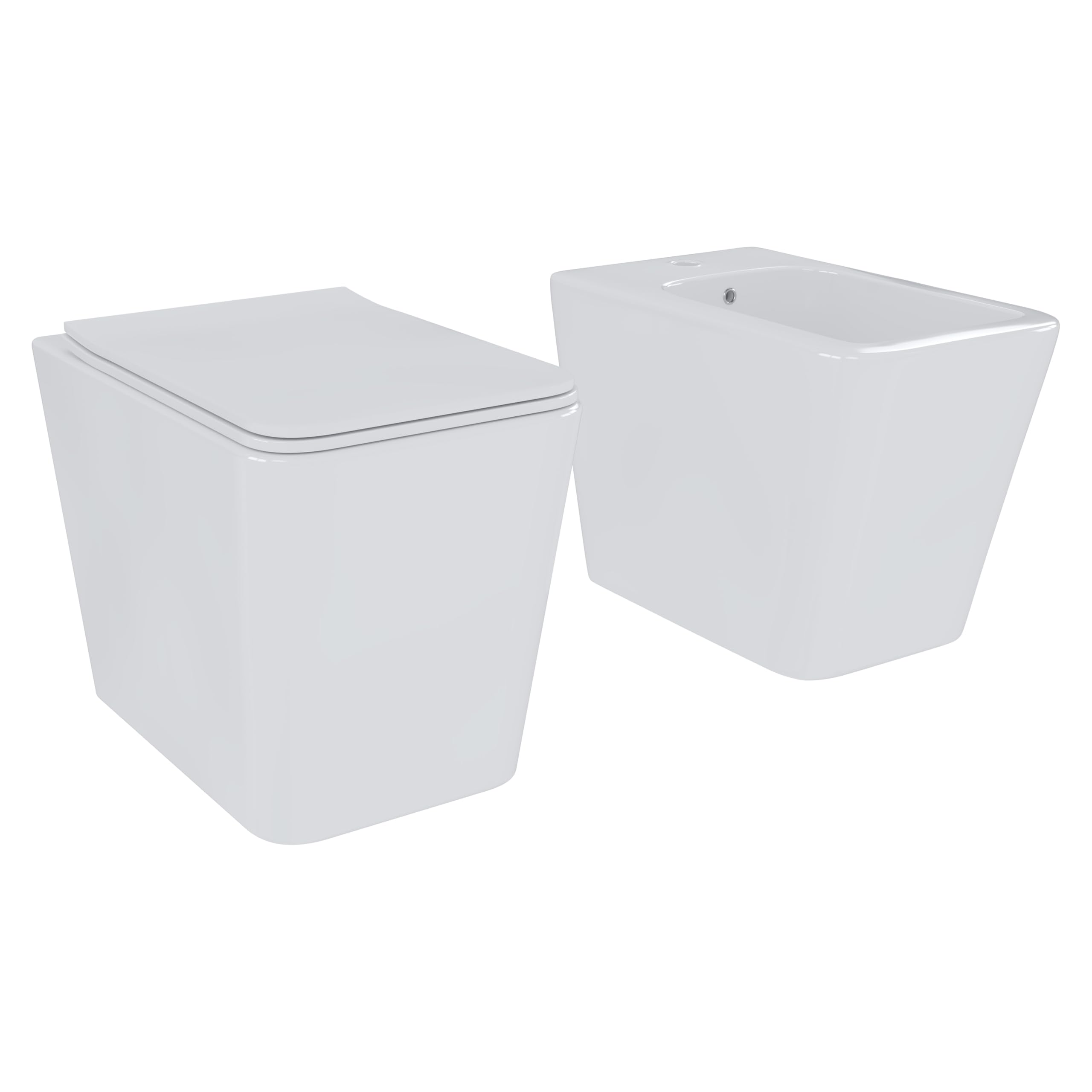 Set Sanitari Filomuro WC e Bidet Quadrati in Ceramica con Copriwater Soft Close e Sgancio Rapido Bianco Lucido Design Moderno (Quadrato)