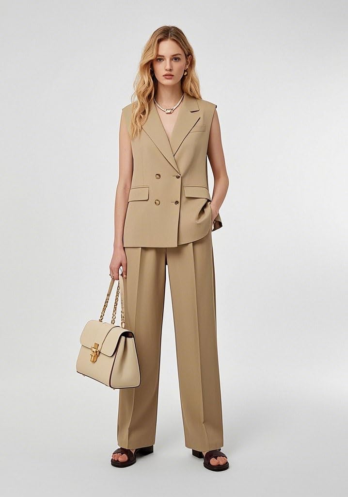 Ensemble 2 pièces habillé et décontracté pour femme - Blazer sans manches - Pantalon large - Pour le travail et le bureau, bleu marine, XXL