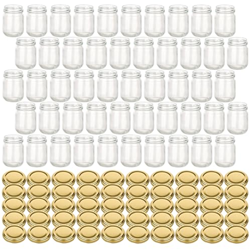 gouveo Juego de 50 tarros de conserva Helix de 125 ml con tapa de rosca dorada - Pequeños tarros con tapón de rosca TO53 - Tarros de rosca para mermelada, miel, especias, casero (HEG125G)