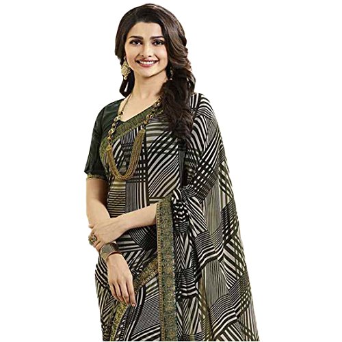 Image of RAJESHWAR FASHION WITH RF Women's Checks Printed Georgette Sarees For Women With Jacquard Lace Border & Unstitched Blouse Piece-Mehindi