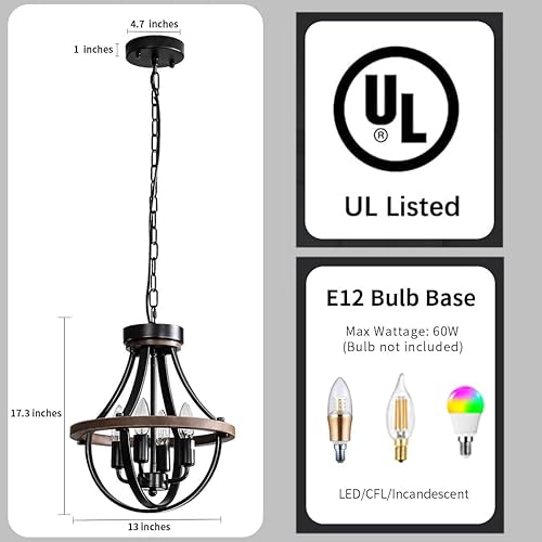 Miniatura 5 de Lámpara de araña de granja, moderna lámpara colgante colgante, lámpara de techo rústica de 4 luces, lámpara vintage para pasillo, vestíbulo,