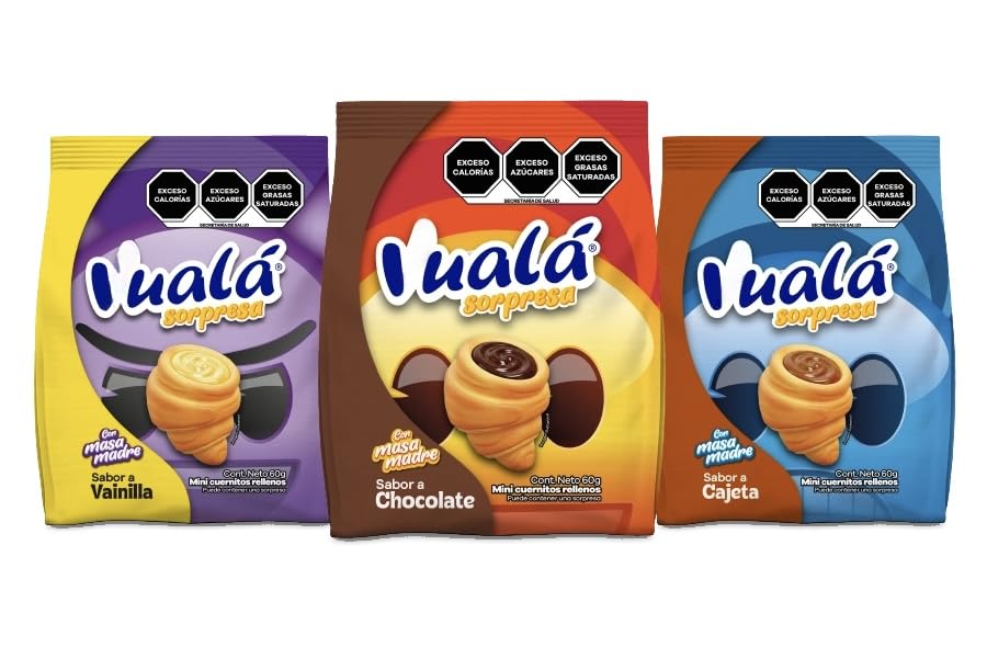Vualas soft Croissant chocolate Variety pack (3 pack) Sorpresa|Pan Mexicano|cuernitos de chocolate|Mini croissants filled with |Chocolate|Vainilla|Cajeta| 60g per pack of Vualas Variedad de sabores vualas| Mini cuernitos rellenos de Chocolate|Vainilla| Cajeta| Bakery Snacks compare to Vuala 2.12oz each package (Pack of 3)