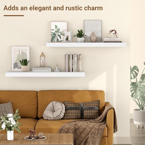 Image of 24 Inch Floating Shelves, 12 Inch Deep Floating Shelves for Wall, Extra Deeper & Thicker Wooden Wall Shelf with Invisible Brackets, Shelf for Bedroom Living Room Home Decor(White, Set of 2)