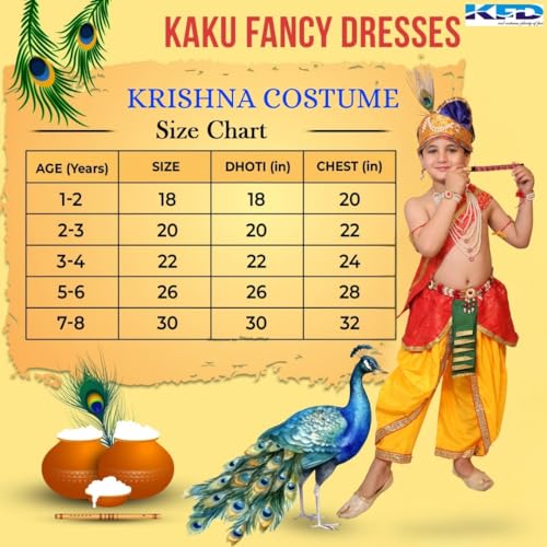 Image of Kaku Fancy Dresses Krishna Costume With Dhoti For Boy /Janmashtami /Bal Gopal Dress /Kanha Costume /Bal Krishna /Mythological Costume For Boy - Yellow-Red, 1-2 Years