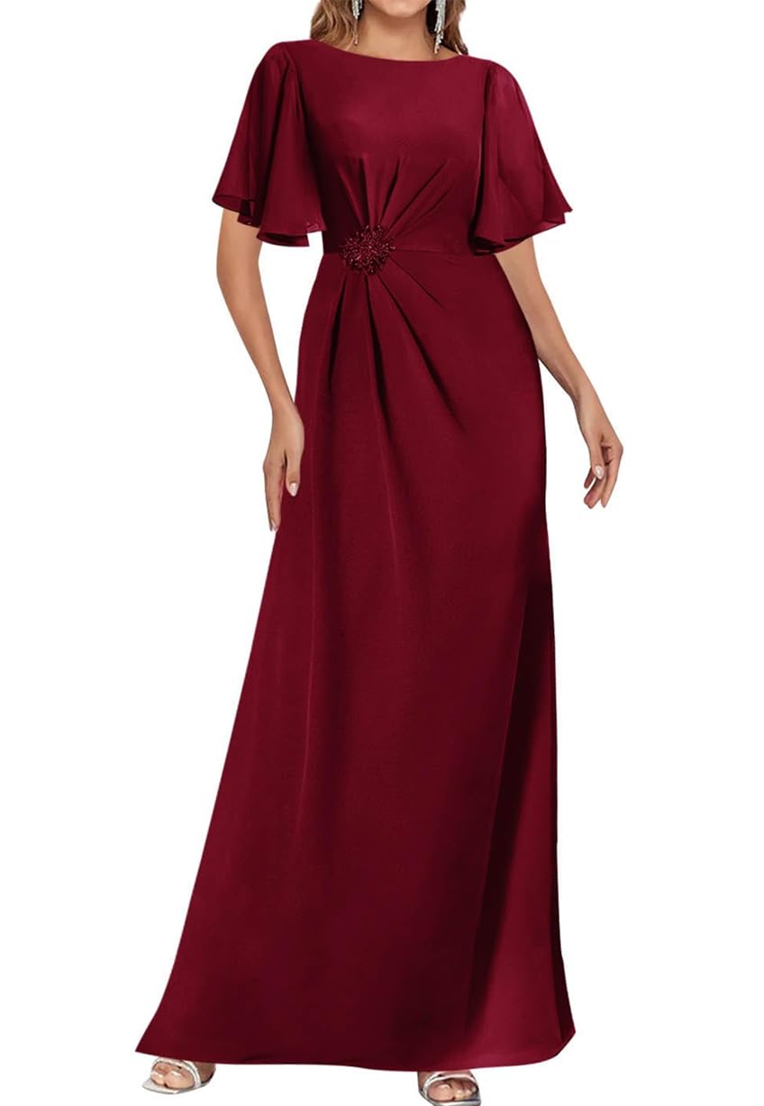 WSEYU Beaded Chiffon Mother of The Bride Dresses for Wedding Guest Short Sleeve Maxi Formal Evening Gown ZM287 Burgundy UK28