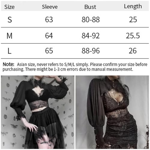 Image of Women Gothic Crop Top Shirt Y2K Black Bell Sleeve Shawl Cardigan