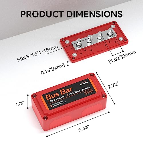 Image of LiTime 300A Bus Bar Power Distribution Block, 4 x M8 Studs, Max 48V DC, Red