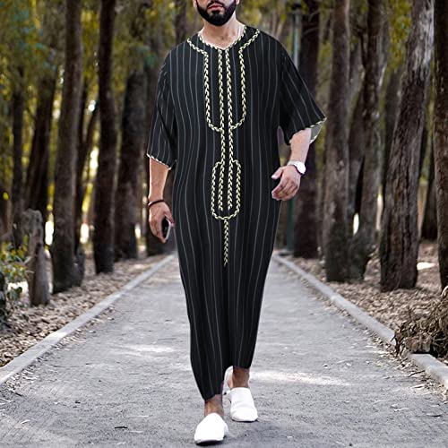 Men's Muslim Clothing 3/4 Sleeve Strip Robe Saudi Jubba Arab Kaftan Long Dress Islamic Loose Casual Thobe2