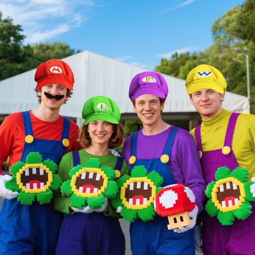 4 Set Super Bros Halloween Costume for Adult,Super Bros Hats Accessories Mary Luigi Caps, Mustaches, Suspenders, Gloves Buttons Set4