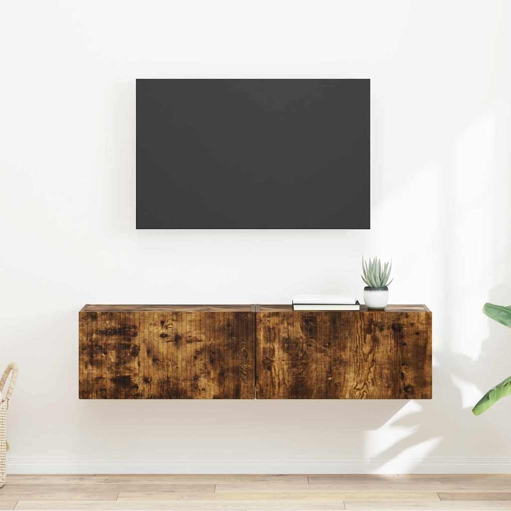 Szafka ścienna pod telewizor zestaw 2 szt., dąb wędzony, 60 x 31 x 29,5 cm, materiał drewnopochodny, regał na media montowany na ścianie, nowoczesne przechowywanie do salonu