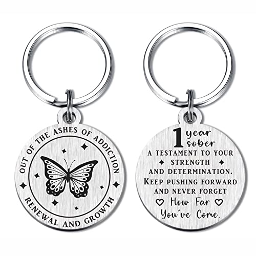 ABNTY 1 Year Sobriety Gifts Keychain - 1 Year Sober Gift for Men and Women, 1 Year Sober Chip with Butterfly Design Symbolizing Transformation and Growth