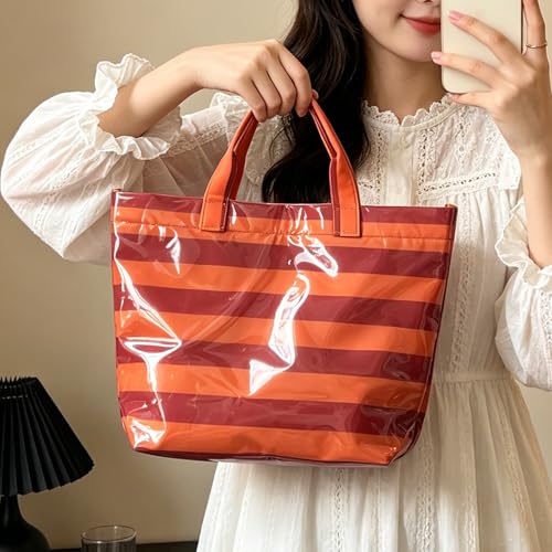 Image of Striped PVC Tote Bag for Women, Waterproof Plastic Hobo Handbag Summer Tote for Beach, Pool & Ideal Gift