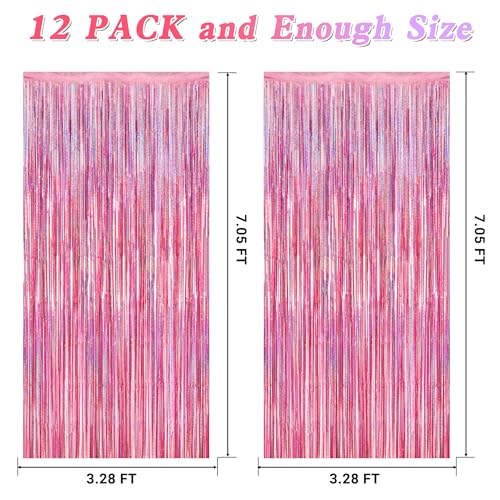 Image of 12 Pack Pink Backdrop, 3.28 FT x 7.05 FT Foil Streamers, Metallic Glitter Backdrop Pink Tinsel Fringe Curtains Party Streamers, Pink Birthday Valentines Day Party Decorations Photo Booth Props