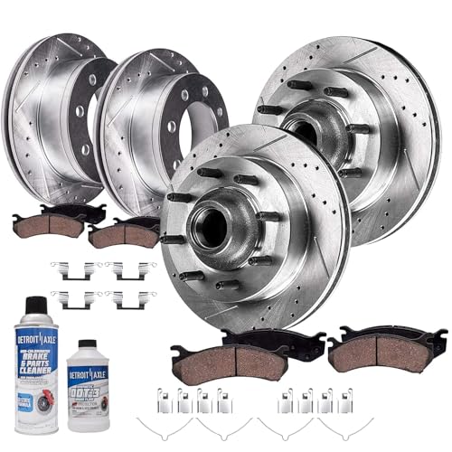 Image of Detroit Axle - Front and Rear Drilled and Slotted Disc Brake Kit for 2000-2002 Ford Excursion 1999-2002 F-250 F-350 Super Duty Rotors w /Ceramic Pads & Brake Kit Cleaner & Fluid
