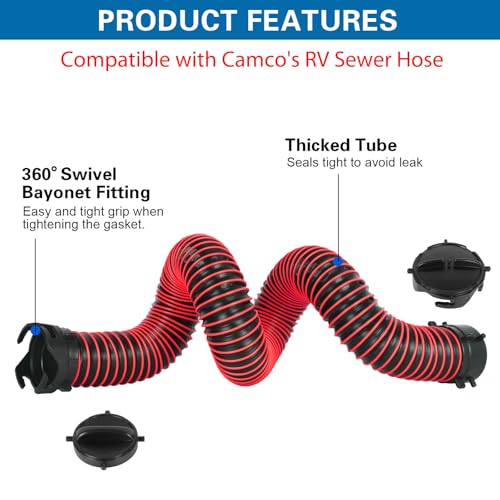 Image of 5FT RV Sewer Hose Extension Camper Sewer Hose Extension with Caps | EXTREME Heavy Duty 24 Mil, TPE Material, Abrasion Resistance and Crush Protection, Red