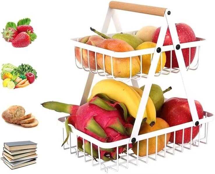 Cisivis Corbeille à Fruits 2 Étages Amovible - Panier Métal Avec Poignée Bois Pour Cuisine, Légumes, Pain Et Collations