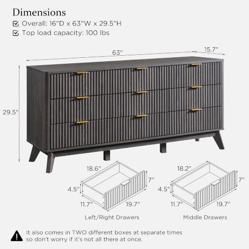 Image of T4TREAM 63 inch Wide Fluted 9 Drawer Dresser for Bedroom, Dark Alder