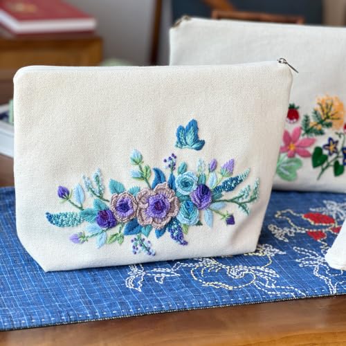 Image of FONNUY Embroidery Kit Makeup Bag for Beginners, Flowers Pre-Stamped Pattern Handbag Coin Purses Making Kits for Adults with Hoop, Easy to Follow Color Thread Needlework (Blue)