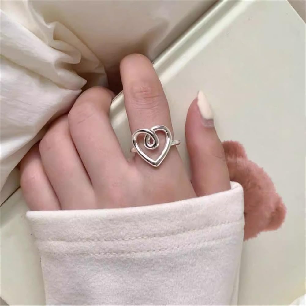 Dainty Heart Knot Statement Adjustable Ring Silver Plated Eternal Wedding Promise Rings for Women Fashion Minimalist Expadable Open Band Chic